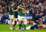 15 October 2023; Duane Vermeulen of South Africa celebrates with team-mate Handre Pollard after the 2023 Rugby World Cup quarter-final match between France and South Africa at the Stade de France in Paris, France. Photo by Ramsey Cardy/Sportsfile