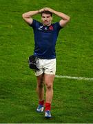 15 October 2023; Antoine Dupont of France reacts after the 2023 Rugby World Cup quarter-final match between France and South Africa at the Stade de France in Paris, France. Photo by Brendan Moran/Sportsfile