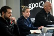 16 October 2023; GPA Equality, Diversity and inclusion manager Gemma Begley with GPA chief executive officer Tom Parsons, left, and GPA head of finance and operations Ciarán Barr during a GPA post AGM media briefing at the Radisson Blu Hotel in Dublin Airport, Dublin. Photo by David Fitzgerald/Sportsfile