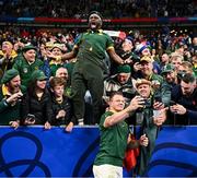 15 October 2023; Deon Fourie of South Africa celebrates with supporters after his side's victory in the 2023 Rugby World Cup quarter-final match between France and South Africa at the Stade de France in Paris, France. Photo by Harry Murphy/Sportsfile