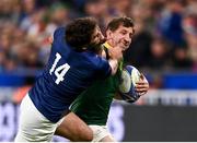 15 October 2023; Kwagga Smith of South Africa is tackled by Damien Penaud of France during the 2023 Rugby World Cup quarter-final match between France and South Africa at the Stade de France in Paris, France. Photo by Harry Murphy/Sportsfile