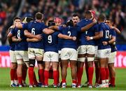 15 October 2023; France players huddle during the 2023 Rugby World Cup quarter-final match between France and South Africa at the Stade de France in Paris, France. Photo by Harry Murphy/Sportsfile