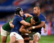 15 October 2023; Damian de Allende of South Africa is tackled by Antoine Dupont and Gael Fickou during the 2023 Rugby World Cup quarter-final match between France and South Africa at the Stade de France in Paris, France. Photo by Harry Murphy/Sportsfile