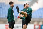 16 October 2023; Shane Duffy, right, and Matt Doherty of Republic of Ireland before the UEFA EURO 2024 Championship qualifying group B match between Gibraltar and Republic of Ireland at Estádio Algarve in Faro, Portugal. Photo by Stephen McCarthy/Sportsfile