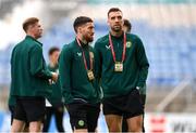 16 October 2023; Matt Doherty, left, and Shane Duffy of Republic of Ireland before the UEFA EURO 2024 Championship qualifying group B match between Gibraltar and Republic of Ireland at Estádio Algarve in Faro, Portugal. Photo by Stephen McCarthy/Sportsfile