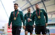 16 October 2023; Republic of Ireland players, from left, Callum Robinson, Shane Duffy and Matt Doherty before the UEFA EURO 2024 Championship qualifying group B match between Gibraltar and Republic of Ireland at Estádio Algarve in Faro, Portugal. Photo by Stephen McCarthy/Sportsfile