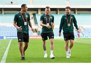 16 October 2023; Republic of Ireland players, from left, Adam Idah, Alan Browne and Mikey Johnston before the UEFA EURO 2024 Championship qualifying group B match between Gibraltar and Republic of Ireland at Estádio Algarve in Faro, Portugal. Photo by Stephen McCarthy/Sportsfile
