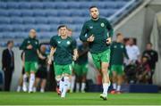 16 October 2023; Shane Duffy of Republic of Ireland leads his side out before the UEFA EURO 2024 Championship qualifying group B match between Gibraltar and Republic of Ireland at Estádio Algarve in Faro, Portugal. Photo by Seb Daly/Sportsfile