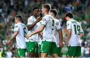 16 October 2023; Evan Ferguson of Republic of Ireland with Chiedozie Ogbene, left, after scoring their side's first goal during the UEFA EURO 2024 Championship qualifying group B match between Gibraltar and Republic of Ireland at Estádio Algarve in Faro, Portugal. Photo by Stephen McCarthy/Sportsfile