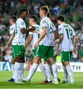 16 October 2023; Evan Ferguson of Republic of Ireland with Chiedozie Ogbene, left, after scoring their side's first goal during the UEFA EURO 2024 Championship qualifying group B match between Gibraltar and Republic of Ireland at Estádio Algarve in Faro, Portugal. Photo by Stephen McCarthy/Sportsfile