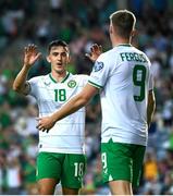 16 October 2023; Evan Ferguson of Republic of Ireland celebrates with teammates Jamie McGrath after scoring their side's first goal during the UEFA EURO 2024 Championship qualifying group B match between Gibraltar and Republic of Ireland at Estádio Algarve in Faro, Portugal. Photo by Stephen McCarthy/Sportsfile