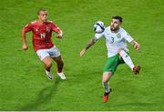 16 October 2023; Ryan Manning of Republic of Ireland in action against Tjay De Barr of Gibraltar during the UEFA EURO 2024 Championship qualifying group B match between Gibraltar and Republic of Ireland at Estádio Algarve in Faro, Portugal. Photo by Seb Daly/Sportsfile