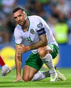 16 October 2023; Shane Duffy of Republic of Ireland reacts during the UEFA EURO 2024 Championship qualifying group B match between Gibraltar and Republic of Ireland at Estádio Algarve in Faro, Portugal. Photo by Stephen McCarthy/Sportsfile