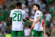 16 October 2023; Mikey Johnston of Republic of Ireland, right, celebrates with team-mate Chiedozie Ogbene after scoring their side's second goal during the UEFA EURO 2024 Championship qualifying group B match between Gibraltar and Republic of Ireland at Estádio Algarve in Faro, Portugal. Photo by Stephen McCarthy/Sportsfile