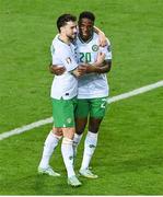 16 October 2023; Mikey Johnston of Republic of Ireland, left, celebrates with team-mate Chiedozie Ogbene after scoring their side's second goal during the UEFA EURO 2024 Championship qualifying group B match between Gibraltar and Republic of Ireland at Estádio Algarve in Faro, Portugal. Photo by Seb Daly/Sportsfile