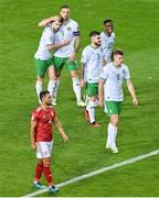 16 October 2023; Mikey Johnston of Republic of Ireland, left, celebrates with team-mate Shane Duffy after scoring their side's second goal during the UEFA EURO 2024 Championship qualifying group B match between Gibraltar and Republic of Ireland at Estádio Algarve in Faro, Portugal. Photo by Seb Daly/Sportsfile