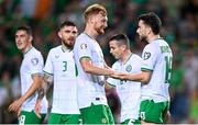 16 October 2023; Mikey Johnston of Republic of Ireland celebrates with teammates Liam Scales, left, after scoring their side's second goal during the UEFA EURO 2024 Championship qualifying group B match between Gibraltar and Republic of Ireland at Estádio Algarve in Faro, Portugal. Photo by Stephen McCarthy/Sportsfile