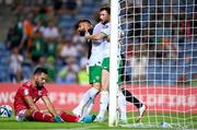 16 October 2023; Mikey Johnston of Republic of Ireland celebrates with teammate Jason Knight, hidden, after scoring their side's second goal during the UEFA EURO 2024 Championship qualifying group B match between Gibraltar and Republic of Ireland at Estádio Algarve in Faro, Portugal. Photo by Stephen McCarthy/Sportsfile