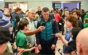 16 October 2023; Captain Jonathan Sexton with supporters at the Ireland rugby teams return to Dublin Airport from the 2023 Rugby World Cup in France. Photo by Piaras Ó Mídheach/Sportsfile