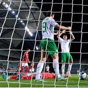 16 October 2023; Mikey Johnston of Republic of Ireland celebrates with teammate Jason Knight, right, after scoring their side's second goal during the UEFA EURO 2024 Championship qualifying group B match between Gibraltar and Republic of Ireland at Estádio Algarve in Faro, Portugal. Photo by Stephen McCarthy/Sportsfile