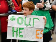 16 October 2023; A young Ireland supporter awaits the Ireland rugby teams arrival at Dublin Airport from the 2023 Rugby World Cup in France. Photo by Piaras Ó Mídheach/Sportsfile