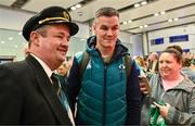 16 October 2023; Captain Jonathan Sexton with Air Lingus fleet captain Frank Lawless, who flew the team home, at the Ireland rugby teams return to Dublin Airport from the 2023 Rugby World Cup in France. Photo by Piaras Ó Mídheach/Sportsfile