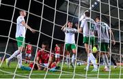 16 October 2023; Mikey Johnston of Republic of Ireland, 19, celebrates with teammates, from left, Evan Ferguson, Jamie McGrath and Jason Knight after scoring their side's second goal during the UEFA EURO 2024 Championship qualifying group B match between Gibraltar and Republic of Ireland at Estádio Algarve in Faro, Portugal. Photo by Stephen McCarthy/Sportsfile