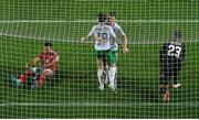 16 October 2023; Mikey Johnston of Republic of Ireland celebrates with team-mate Jason Knight, right, after scoring their side's second goal during the UEFA EURO 2024 Championship qualifying group B match between Gibraltar and Republic of Ireland at Estádio Algarve in Faro, Portugal. Photo by Seb Daly/Sportsfile