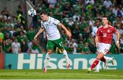16 October 2023; Jason Knight of Republic of Ireland has a header on goal during the UEFA EURO 2024 Championship qualifying group B match between Gibraltar and Republic of Ireland at Estádio Algarve in Faro, Portugal. Photo by Stephen McCarthy/Sportsfile