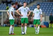 16 October 2023; Republic of Ireland players, from left, Ryan Manning, Evan Ferguson and Mikey Johnston during the UEFA EURO 2024 Championship qualifying group B match between Gibraltar and Republic of Ireland at Estádio Algarve in Faro, Portugal. Photo by Seb Daly/Sportsfile