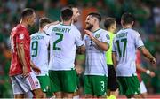 16 October 2023; Matt Doherty of Republic of Ireland, 2, celebrates with teammates, from left, Shane Duffy and Ryan Manning after scoring their side's third goal during the UEFA EURO 2024 Championship qualifying group B match between Gibraltar and Republic of Ireland at Estádio Algarve in Faro, Portugal. Photo by Stephen McCarthy/Sportsfile