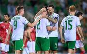 16 October 2023; Matt Doherty of Republic of Ireland, 2, celebrates with teammates, from left, Evan Ferguson, Shane Duffy and Liam Scales after scoring their side's third goal during the UEFA EURO 2024 Championship qualifying group B match between Gibraltar and Republic of Ireland at Estádio Algarve in Faro, Portugal. Photo by Stephen McCarthy/Sportsfile