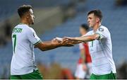 16 October 2023; Callum Robinson of Republic of Ireland, left, celebrates with teammate Jason Knight after scoring their side's fourth goal during the UEFA EURO 2024 Championship qualifying group B match between Gibraltar and Republic of Ireland at Estádio Algarve in Faro, Portugal. Photo by Seb Daly/Sportsfile