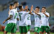 16 October 2023; Callum Robinson of Republic of Ireland, 7, celebrates with teammates, from left, Adam Idah, Shane Duffy, Jamie McGrath and Jayson Molumby during the UEFA EURO 2024 Championship qualifying group B match between Gibraltar and Republic of Ireland at Estádio Algarve in Faro, Portugal. Photo by Seb Daly/Sportsfile