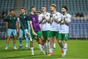 16 October 2023; Republic of Ireland players, from left, Alan Browne, Evan Ferguson, Liam Scales and Mikey Johnston after the UEFA EURO 2024 Championship qualifying group B match between Gibraltar and Republic of Ireland at Estádio Algarve in Faro, Portugal. Photo by Seb Daly/Sportsfile
