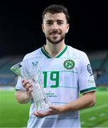 16 October 2023; Mikey Johnston of Republic of Ireland with his Carlsberg Player of the Match award after the UEFA EURO 2024 Championship qualifying group B match between Gibraltar and Republic of Ireland at Estádio Algarve in Faro, Portugal. Photo by Stephen McCarthy/Sportsfile