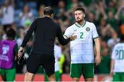 16 October 2023; Matt Doherty of Republic of Ireland, right, and Republic of Ireland coach John O'Shea after the UEFA EURO 2024 Championship qualifying group B match between Gibraltar and Republic of Ireland at Estádio Algarve in Faro, Portugal. Photo by Stephen McCarthy/Sportsfile