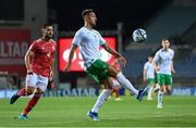 16 October 2023; Callum Robinson of Republic of Ireland and John Sergeant of Gibraltar during the UEFA EURO 2024 Championship qualifying group B match between Gibraltar and Republic of Ireland at Estádio Algarve in Faro, Portugal. Photo by Stephen McCarthy/Sportsfile