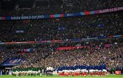 15 October 2023; Both teams stand for the National Anthem before the 2023 Rugby World Cup quarter-final match between France and South Africa at the Stade de France in Paris, France. Photo by Ramsey Cardy/Sportsfile