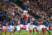 15 October 2023; Cameron Woki of France wins possession in the lineout during the 2023 Rugby World Cup quarter-final match between France and South Africa at the Stade de France in Paris, France. Photo by Ramsey Cardy/Sportsfile