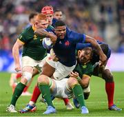 15 October 2023; Jonathan Danty of France is tackled by Duane Vermeulen of South Africa during the 2023 Rugby World Cup quarter-final match between France and South Africa at the Stade de France in Paris, France. Photo by Ramsey Cardy/Sportsfile