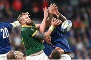 15 October 2023; RG Snyman of South Africa in action against France players Gregory Alldritt and Romain Taofifenua during the 2023 Rugby World Cup quarter-final match between France and South Africa at the Stade de France in Paris, France. Photo by Ramsey Cardy/Sportsfile