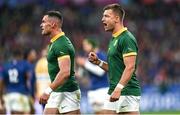 15 October 2023; Handre Pollard, right, and Jesse Kriel of South Africa during the 2023 Rugby World Cup quarter-final match between France and South Africa at the Stade de France in Paris, France. Photo by Ramsey Cardy/Sportsfile