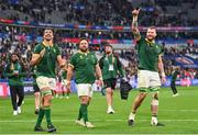 15 October 2023; South Africa players, from left, Eben Etzebeth, Frans Malherbe, and RG Snyman after the 2023 Rugby World Cup quarter-final match between France and South Africa at the Stade de France in Paris, France. Photo by Ramsey Cardy/Sportsfile