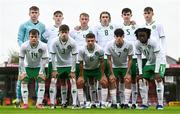 17 October 2023; The Republic of Ireland team, back row, from left, goalkeeper Joe Collins, James Roche, Luca Cailloce, Niall McAndrews, Taylor McCarthy and Mason Melia. Front row, from left, Kaylem Harnett, Harry McGlinchey, captain Matthew Moore, Rory Finneran, and Ike Orazi before the UEFA European U17 Championship qualifying round 10 match between Switzerland and Republic of Ireland at Turner's Cross in Cork. Photo by Eóin Noonan/Sportsfile