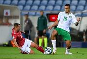 16 October 2023; Adam Idah of Republic of Ireland in action against Liam Walker of Gibraltar during the UEFA EURO 2024 Championship qualifying group B match between Gibraltar and Republic of Ireland at Estádio Algarve in Faro, Portugal. Photo by Seb Daly/Sportsfile