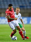 16 October 2023; Joseph Chipolina of Gibraltar in action against Mark Sykes of Republic of Ireland during the UEFA EURO 2024 Championship qualifying group B match between Gibraltar and Republic of Ireland at Estádio Algarve in Faro, Portugal. Photo by Seb Daly/Sportsfile