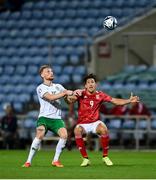 16 October 2023; Liam Scales of Republic of Ireland and Ayoub El Hmidi of Gibraltar during the UEFA EURO 2024 Championship qualifying group B match between Gibraltar and Republic of Ireland at Estádio Algarve in Faro, Portugal. Photo by Seb Daly/Sportsfile
