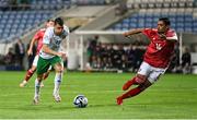16 October 2023; Jason Knight of Republic of Ireland in action against Aymen Mouelhi of Gibraltar during the UEFA EURO 2024 Championship qualifying group B match between Gibraltar and Republic of Ireland at Estádio Algarve in Faro, Portugal. Photo by Seb Daly/Sportsfile