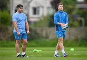 17 October 2023; Lee Barron, right, and Thomas Clarkson during Leinster rugby squad training at UCD in Dublin. Photo by Ben McShane/Sportsfile